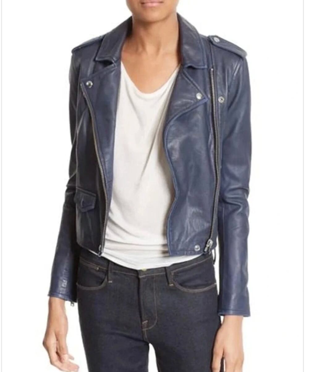 IRO Lamb Leather Zip Up Moto Biker Jacket Navy Blue 40 / US 6